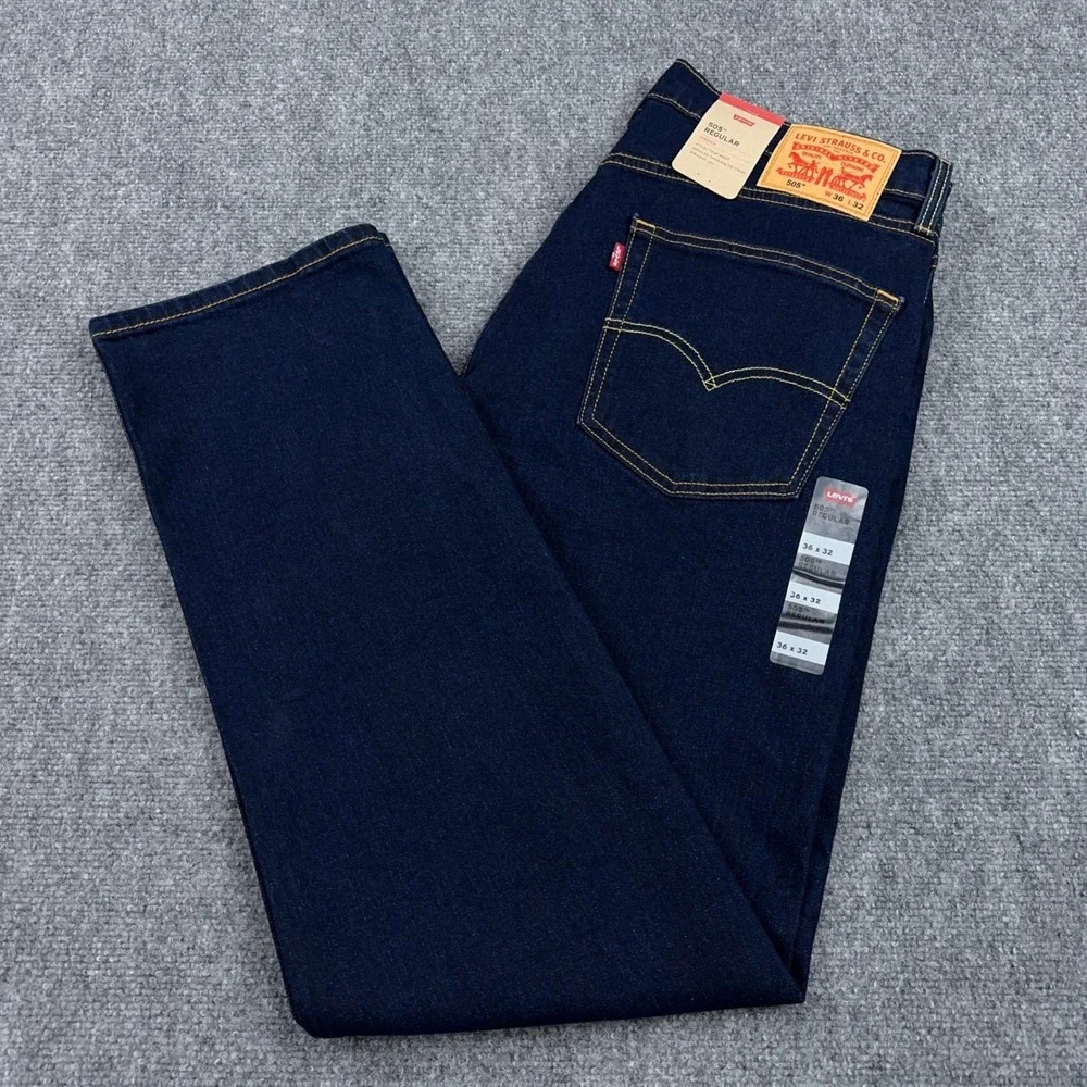 NEW Levi's 505 Jeans Mens 36x32 Regular Fit Dark Wash Indigo Stretch Denim